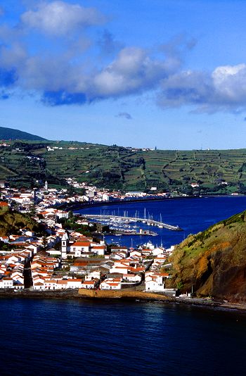 Horta on Faial island, the 2004 expedition base. Port is in the middle of the picture, expedition base on the left slightly up the hill